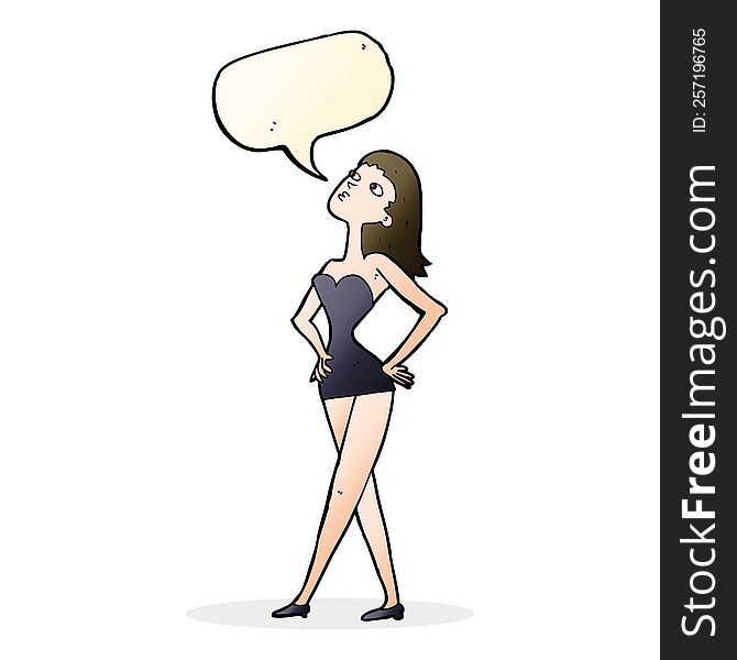 cartoon woman in party dress with speech bubble