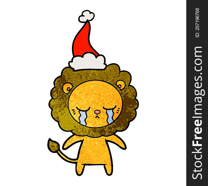 Crying Textured Cartoon Of A Lion Wearing Santa Hat