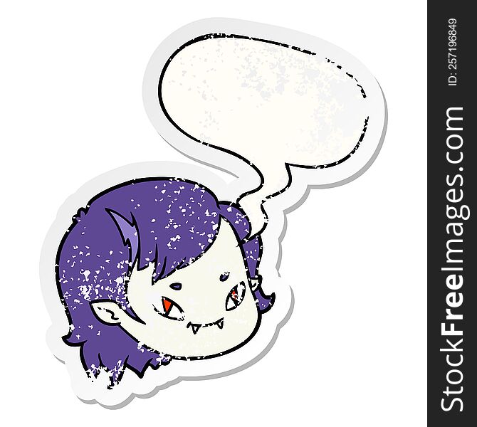 Cartoon Vampire Girl Face And Speech Bubble Distressed Sticker