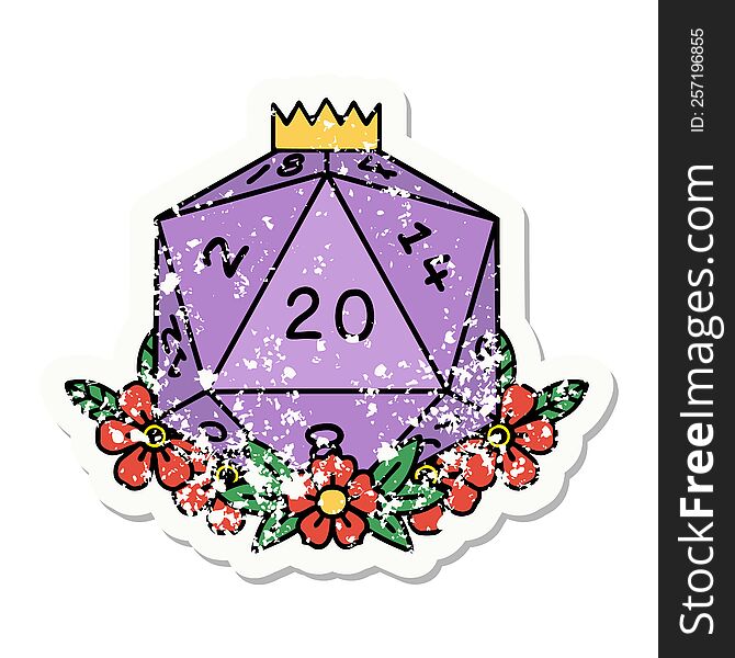 Natural 20 D20 Dice Roll With Floral Elements Grunge Sticker