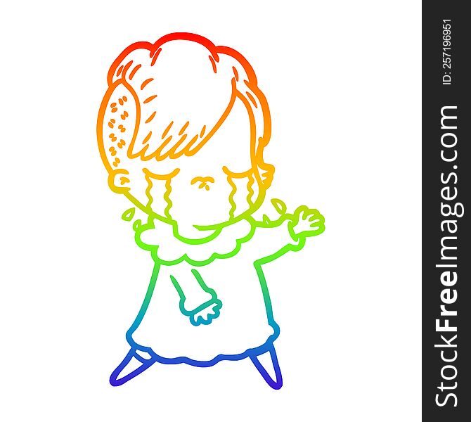 rainbow gradient line drawing of a cartoon crying girl