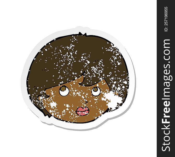 retro distressed sticker of a cartoon female face looking upwards