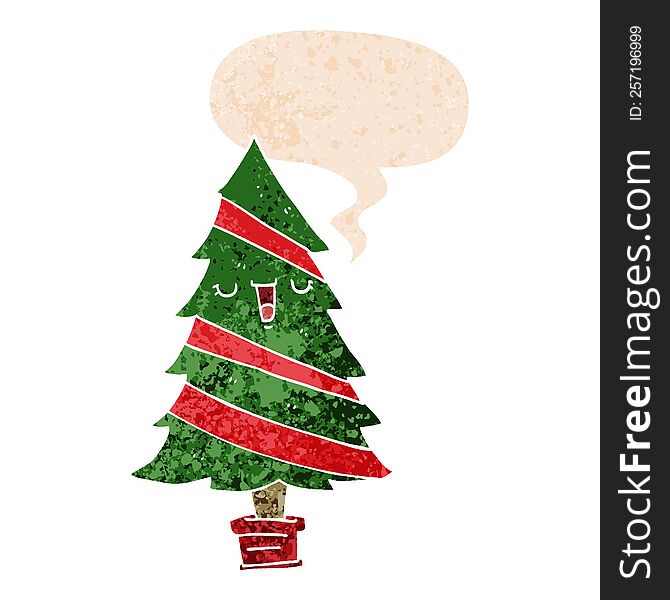 Cartoon Christmas Tree And Speech Bubble In Retro Textured Style