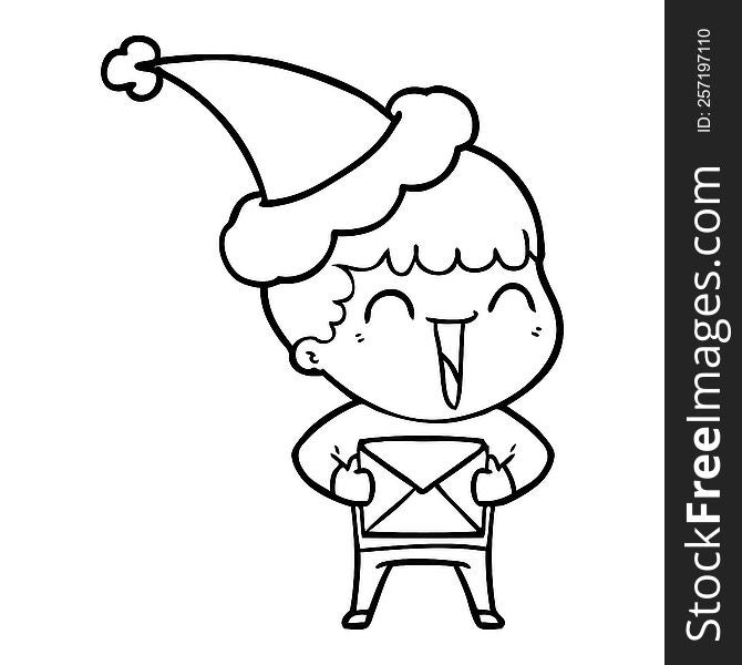 hand drawn line drawing of a happy man wearing santa hat
