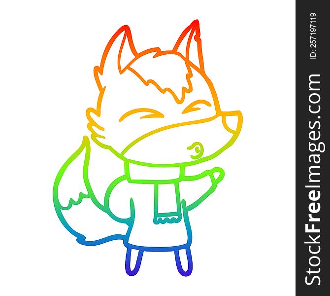 Rainbow Gradient Line Drawing Cartoon Wolf In Winter Clothes