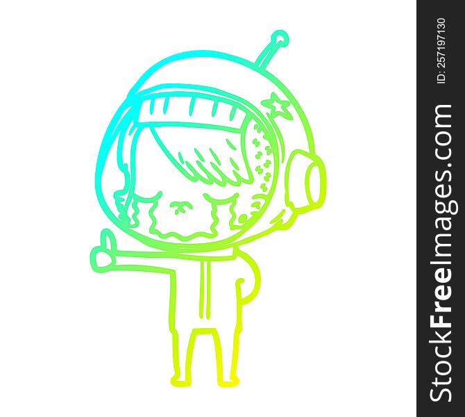 cold gradient line drawing cartoon crying astronaut girl making thumbs up sign