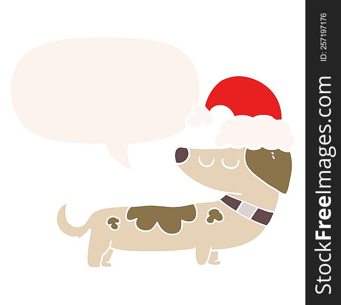 Cartoon Dog Wearing Christmas Hat And Speech Bubble In Retro Style