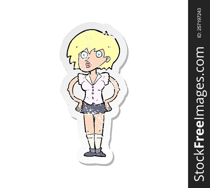 retro distressed sticker of a cartoon surprised woman with hands on hips