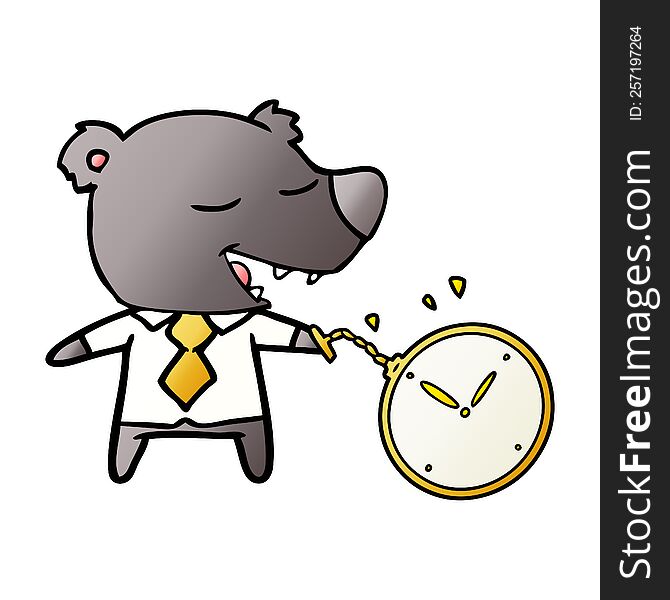 cartoon bear wearing shirt and tie holding watch. cartoon bear wearing shirt and tie holding watch