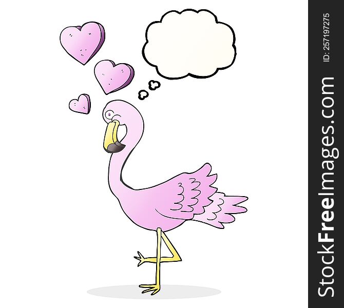freehand drawn thought bubble cartoon flamingo in love
