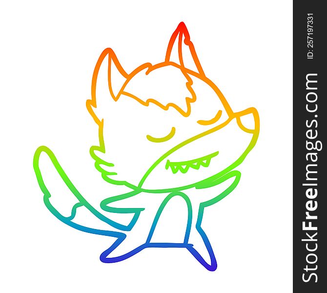rainbow gradient line drawing of a friendly cartoon wolf dancing