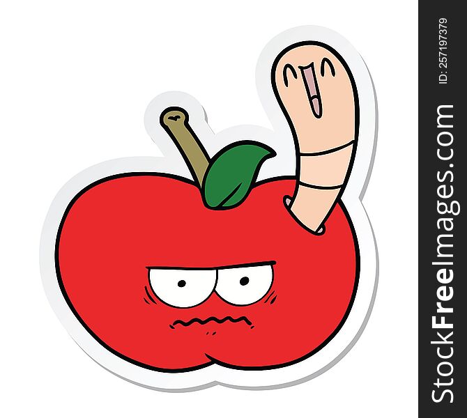 sticker of a cartoon worm eating an angry apple