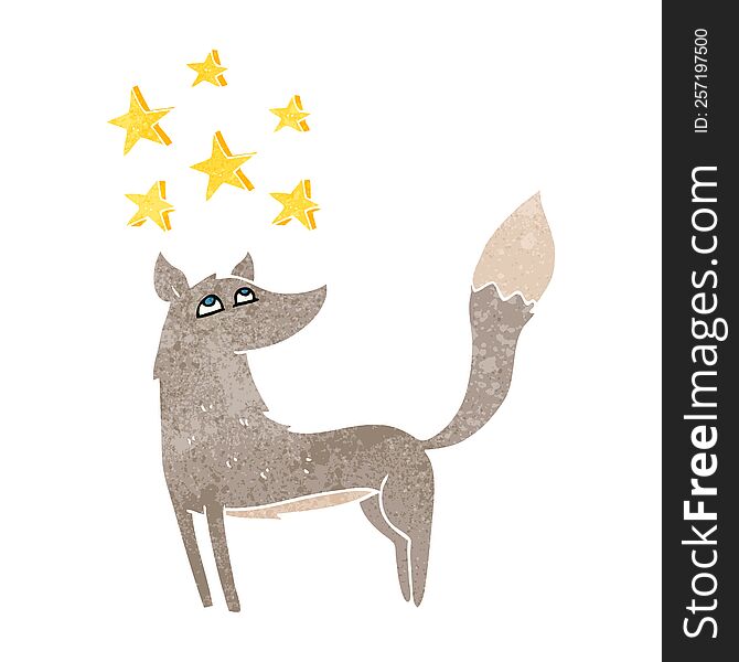 freehand retro cartoon wolf with stars