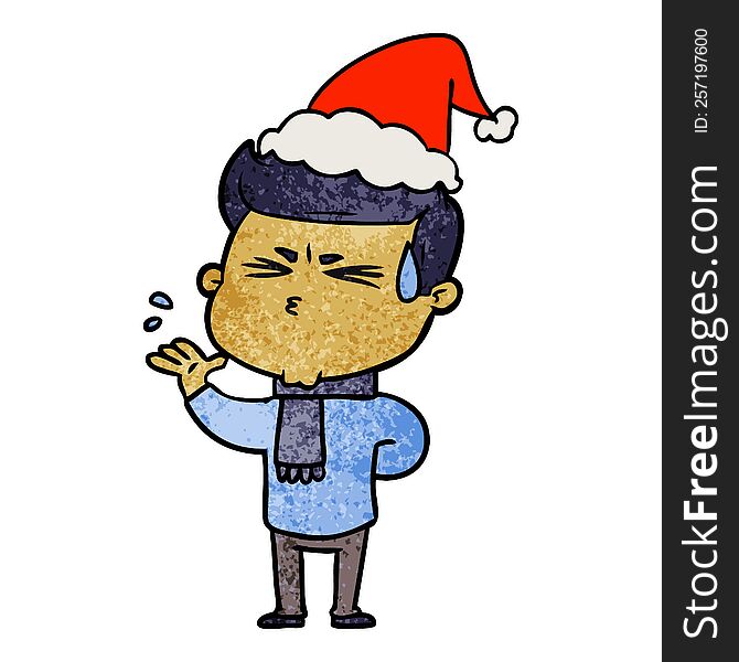 hand drawn textured cartoon of a man sweating wearing santa hat