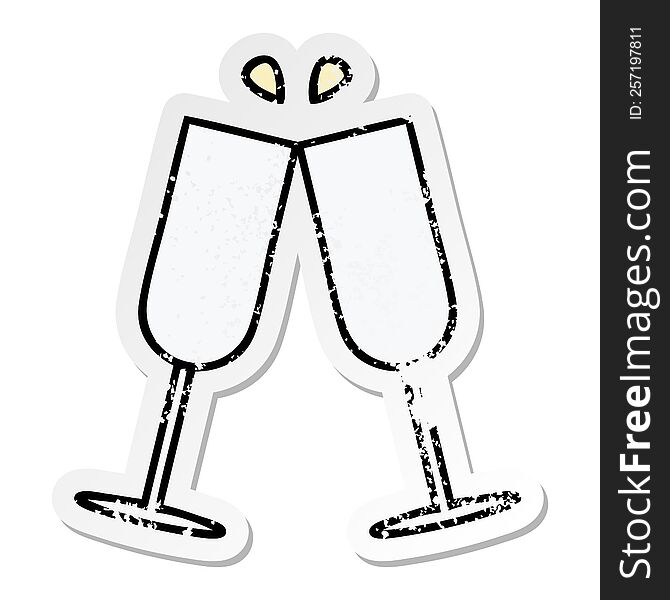 distressed sticker of a cute cartoon clinking champagne flutes