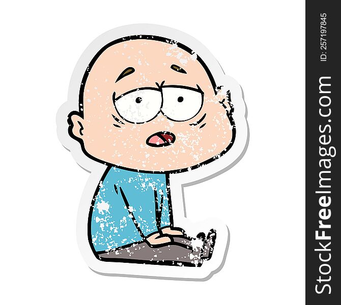 Distressed Sticker Of A Cartoon Tired Bald Man