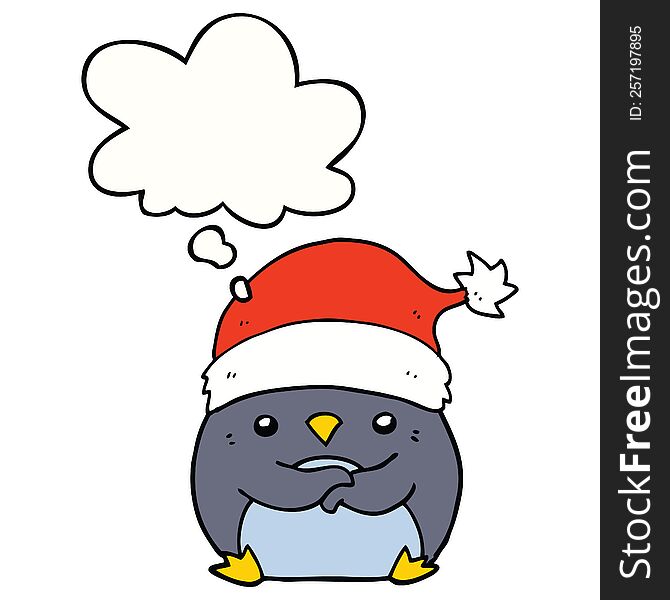 Cute Cartoon Penguin Wearing Christmas Hat And Thought Bubble