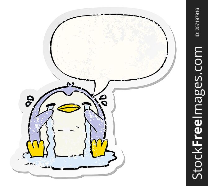Cartoon Crying Penguin And Speech Bubble Distressed Sticker