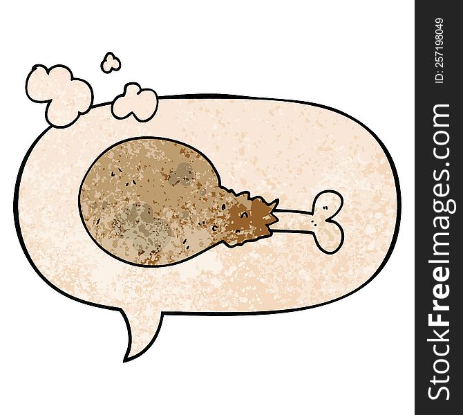 cartoon cooked chicken leg with speech bubble in retro texture style