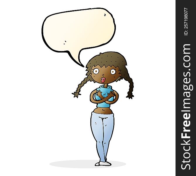 Cartoon Offended Woman Covering Herself With Speech Bubble