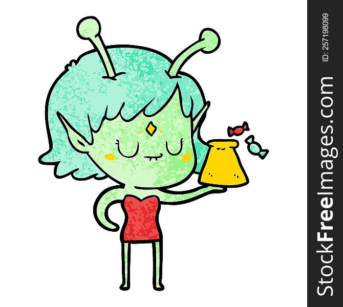 cartoon alien girl with bag of candy. cartoon alien girl with bag of candy