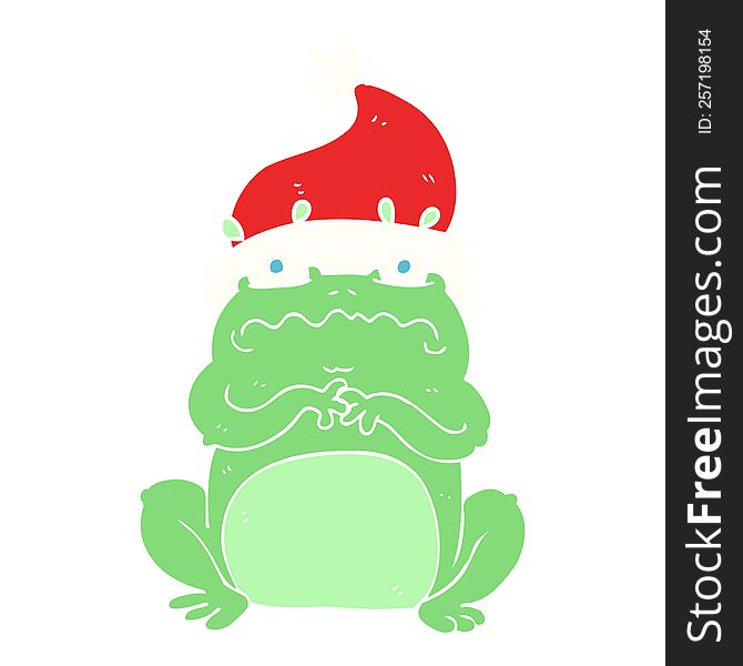 Flat Color Illustration Of A Cartoon Frog In Christmas Hat