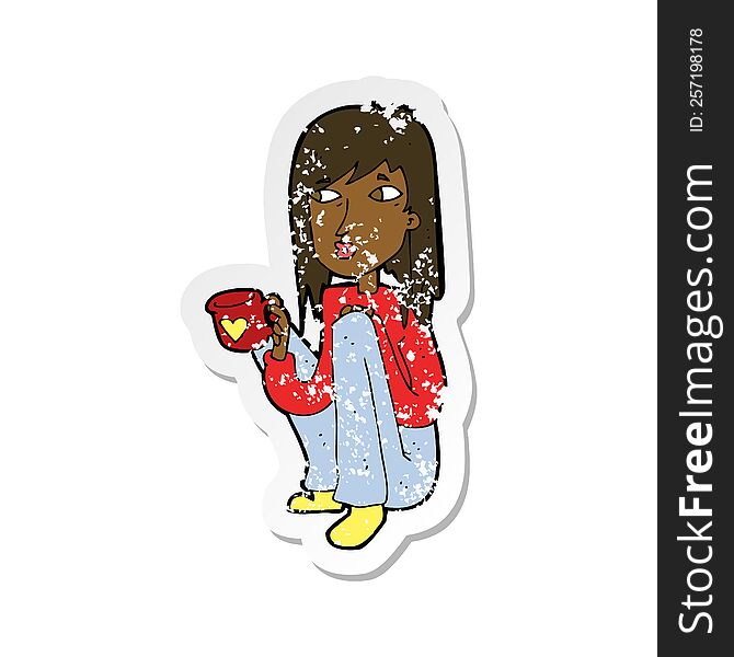 retro distressed sticker of a cartoon woman sitting with cup of coffee