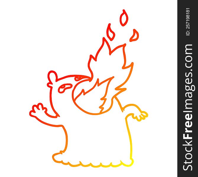 warm gradient line drawing of a cartoon fire breathing ghost