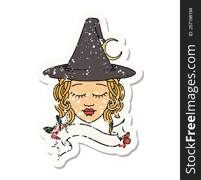 grunge sticker of a human witch character face. grunge sticker of a human witch character face