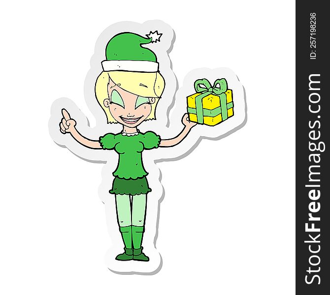 Sticker Of A Cartoon Woman With Christmas Present