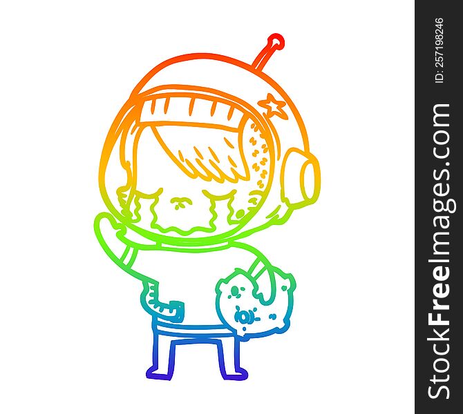 rainbow gradient line drawing cartoon crying astronaut girl carrying rock sample