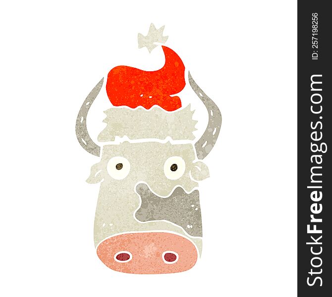 Retro Cartoon Cow Wearing Christmas Hat