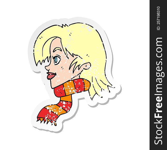 retro distressed sticker of a cartoon woman wearing scarf