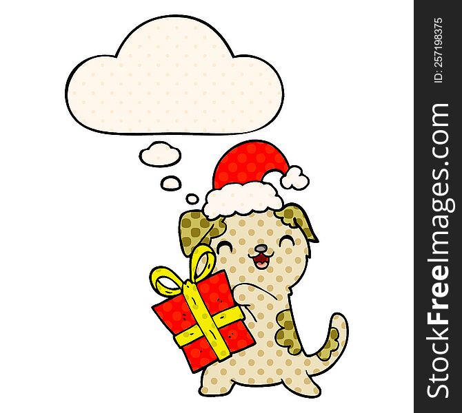cute cartoon puppy with christmas present and hat with thought bubble in comic book style