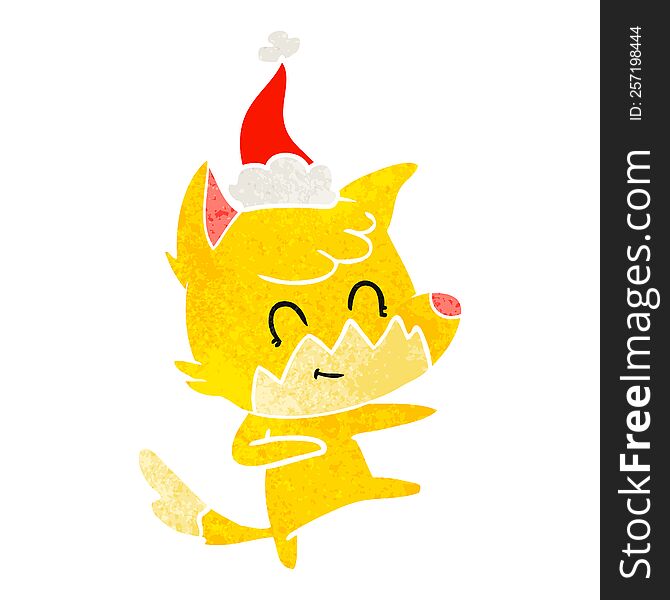 Retro Cartoon Of A Friendly Fox Wearing Santa Hat