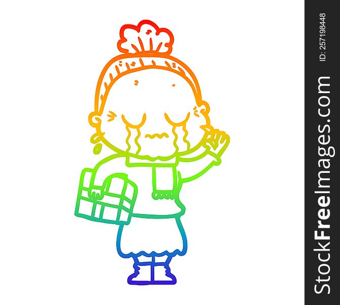 rainbow gradient line drawing of a cartoon crying old lady