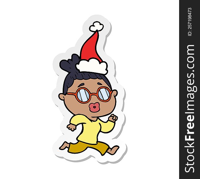 Sticker Cartoon Of A Woman Wearing Spectacles Wearing Santa Hat