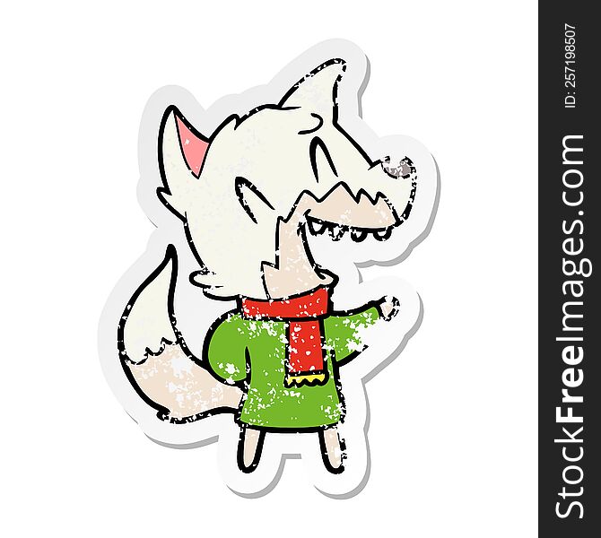 Distressed Sticker Of A Laughing Fox Wearing Winter Clothes
