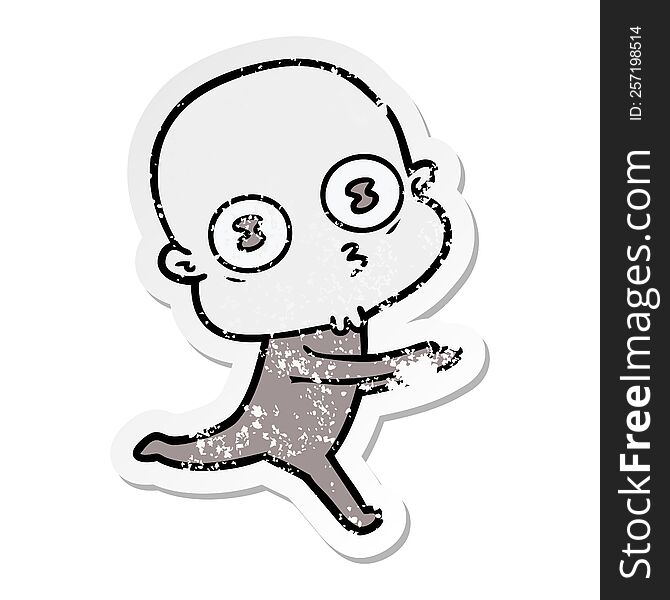 Distressed Sticker Of A Cartoon Weird Bald Spaceman Running