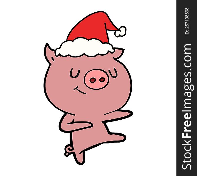 Happy Line Drawing Of A Pig Dancing Wearing Santa Hat