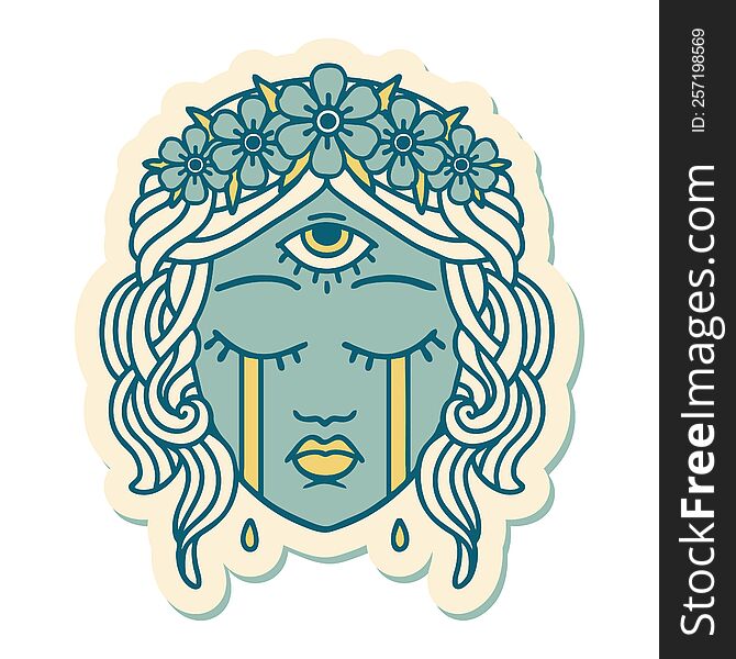 sticker of tattoo in traditional style of female face with mystic third eye crying. sticker of tattoo in traditional style of female face with mystic third eye crying