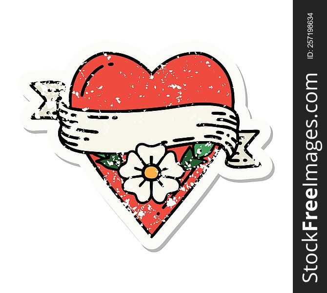 distressed sticker tattoo in traditional style of a heart flower and banner. distressed sticker tattoo in traditional style of a heart flower and banner