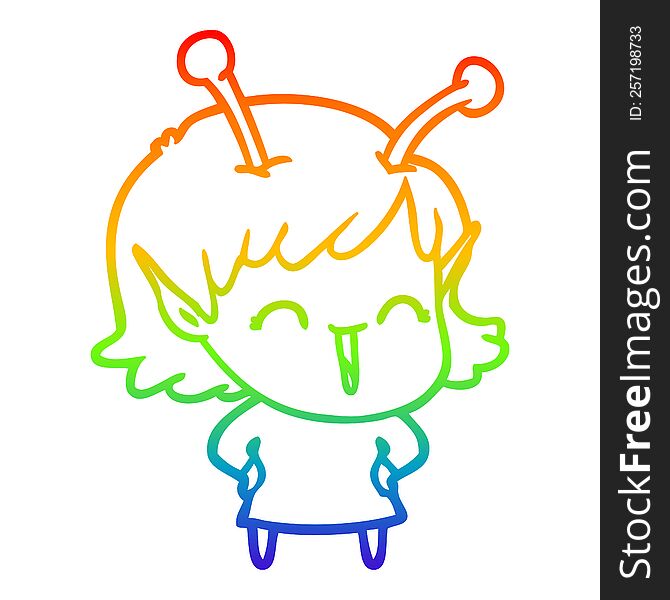 Rainbow Gradient Line Drawing Cartoon Happy Alien Girl