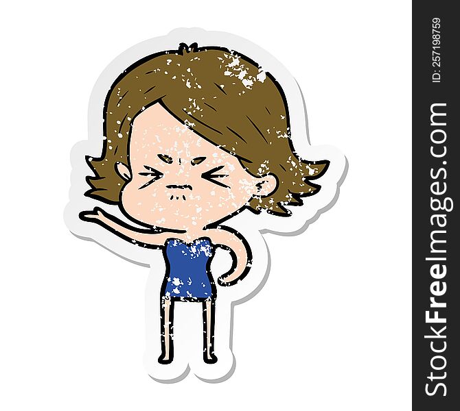 distressed sticker of a cartoon angry girl
