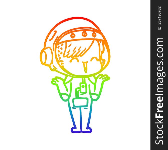 rainbow gradient line drawing of a happy cartoon space girl shrugging shoulders