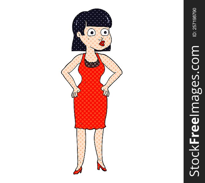freehand drawn cartoon woman in dress with hands on hips
