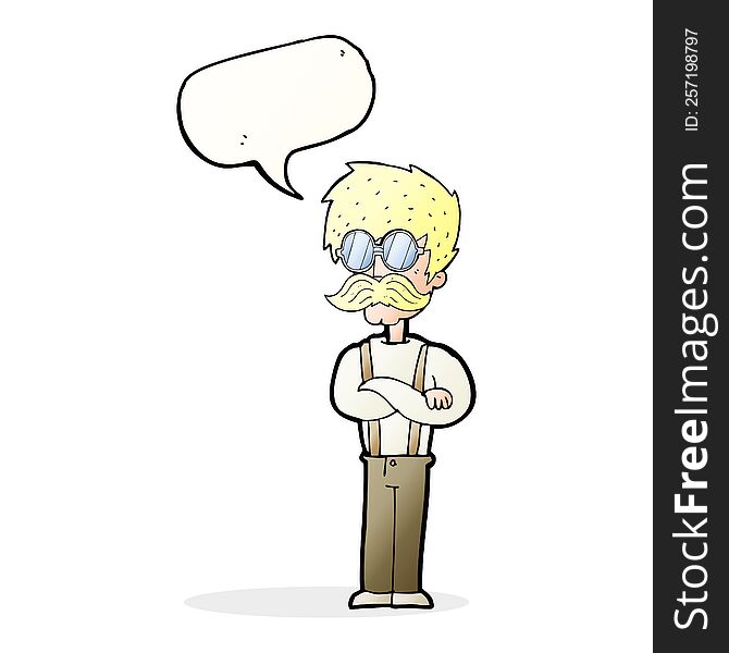 cartoon hipster man with mustache and spectacles with speech bubble