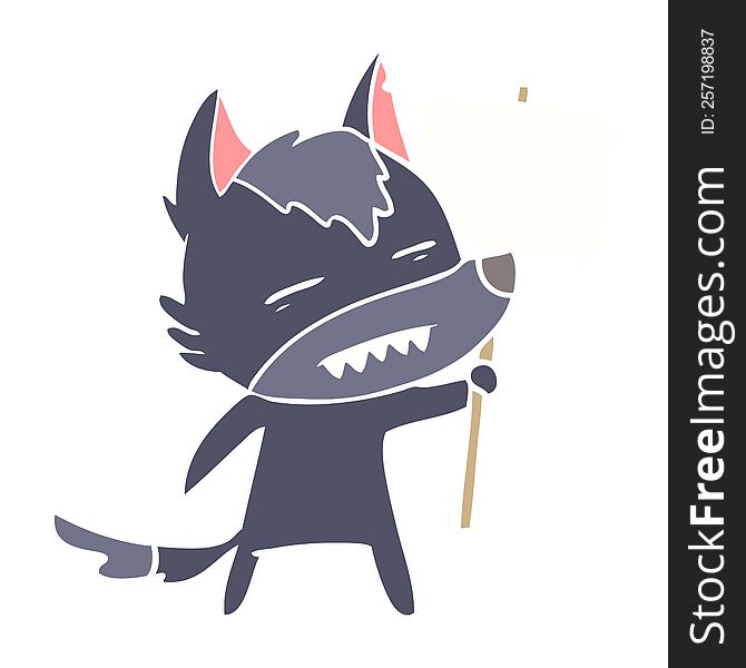 flat color style cartoon wolf with sign post showing teeth