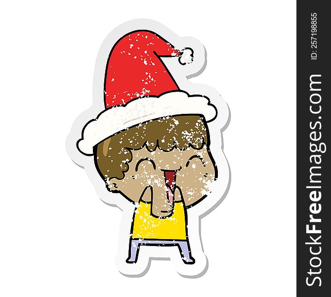 hand drawn distressed sticker cartoon of a happy man wearing santa hat