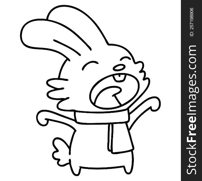 line doodle of a rabbit with scarf yawning